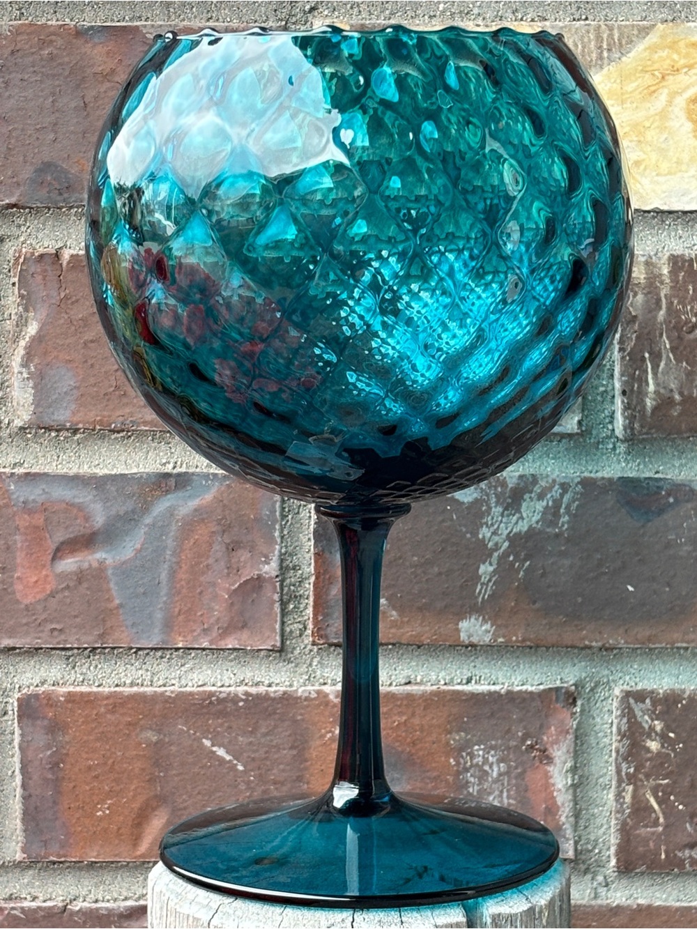 Vintage Empoli Peacock Blue Diamond Optic Glass Goblet Vase